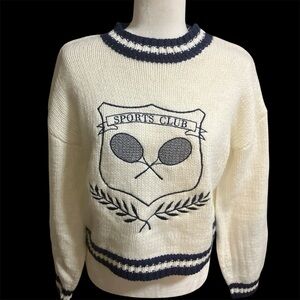 Forever 21 White and Navy Tennis Club Sweater